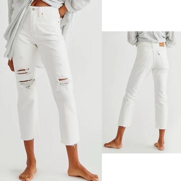 Levi's Premium Wedgie Jeans Straight Distressed Cropped Y2K Denim White Size 26 - Picture 1 of 14
